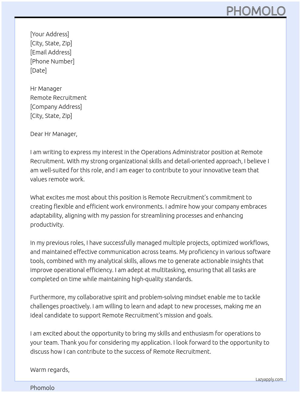 Operations administrator  At Remote recruitment  Cover Letter