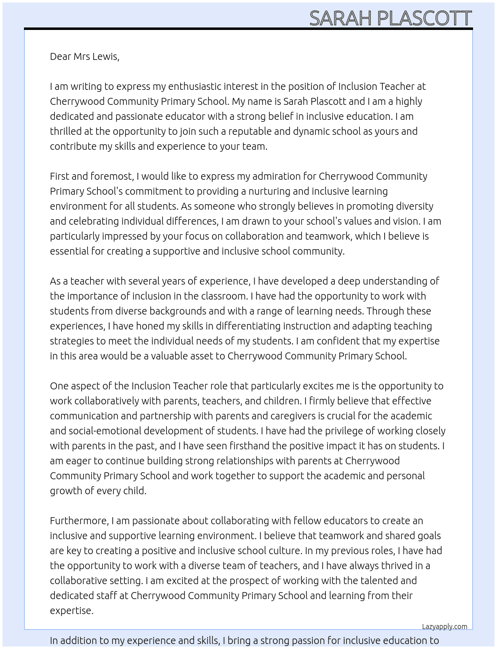 Inclusion Teacher At Cherrywood Community Primary School  Cover Letter