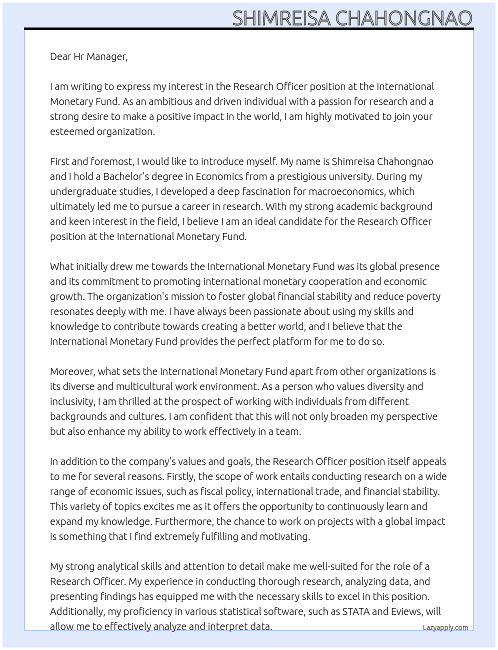 Research officer At International Monetary Fund  Cover Letter