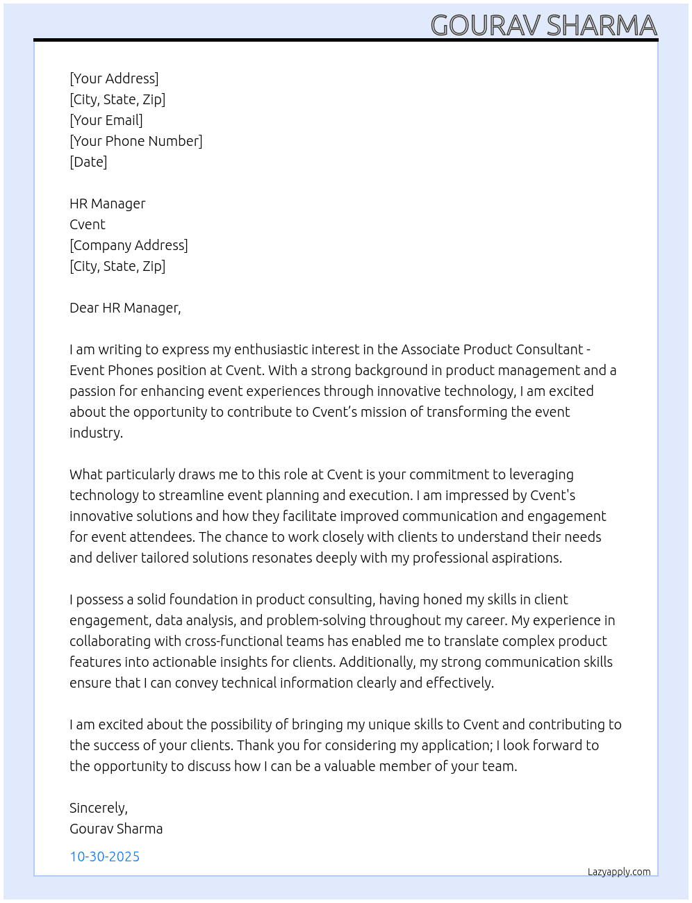 Cover letter for associate product consultant - event phones - LazyApply