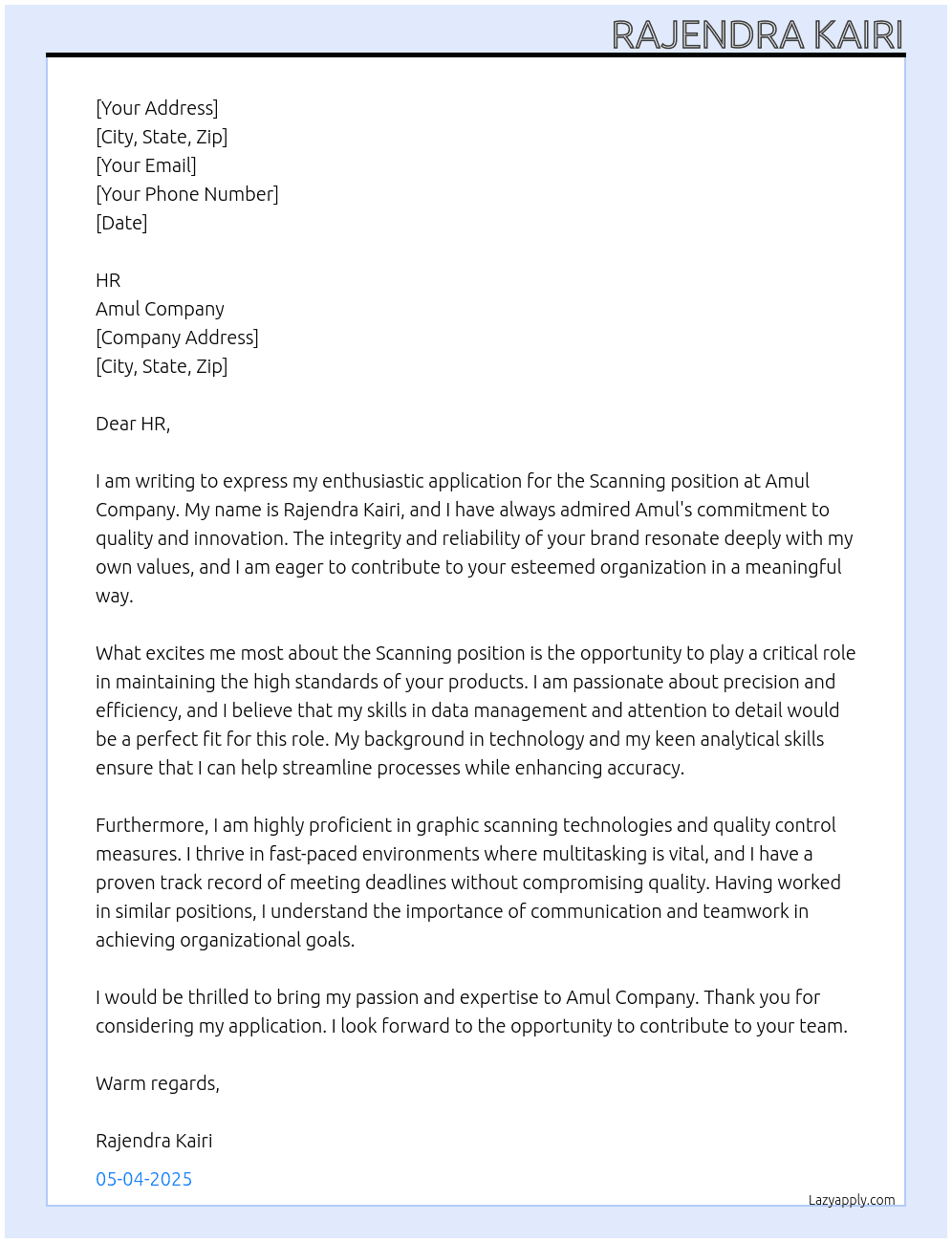 Cover letter for scaning - LazyApply