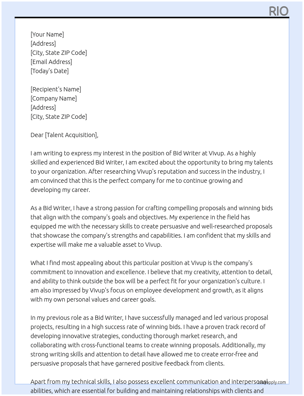 Bid Writer At Vivup Cover Letter