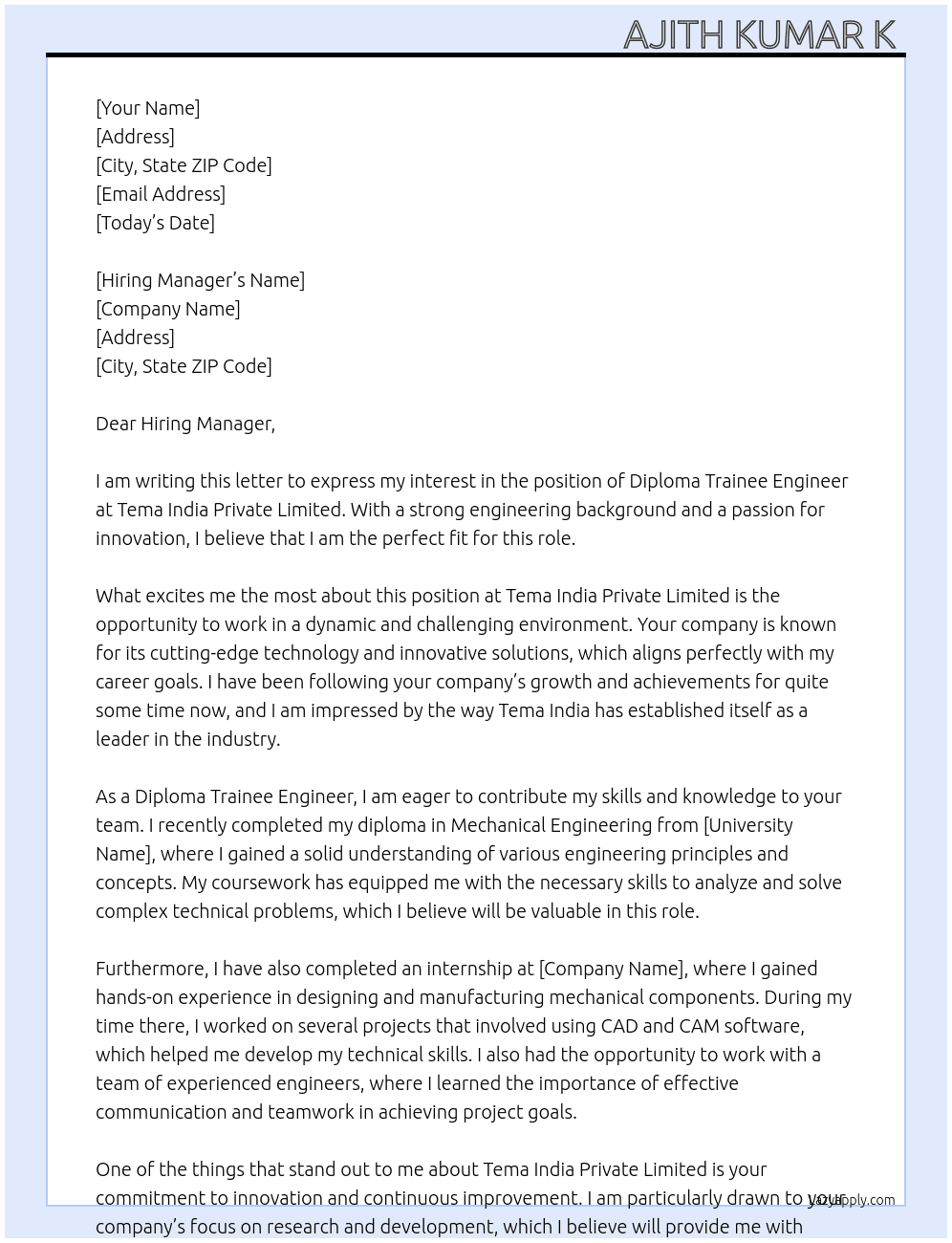 Diploma trainee engineer At Tema India Private Limited Cover Letter