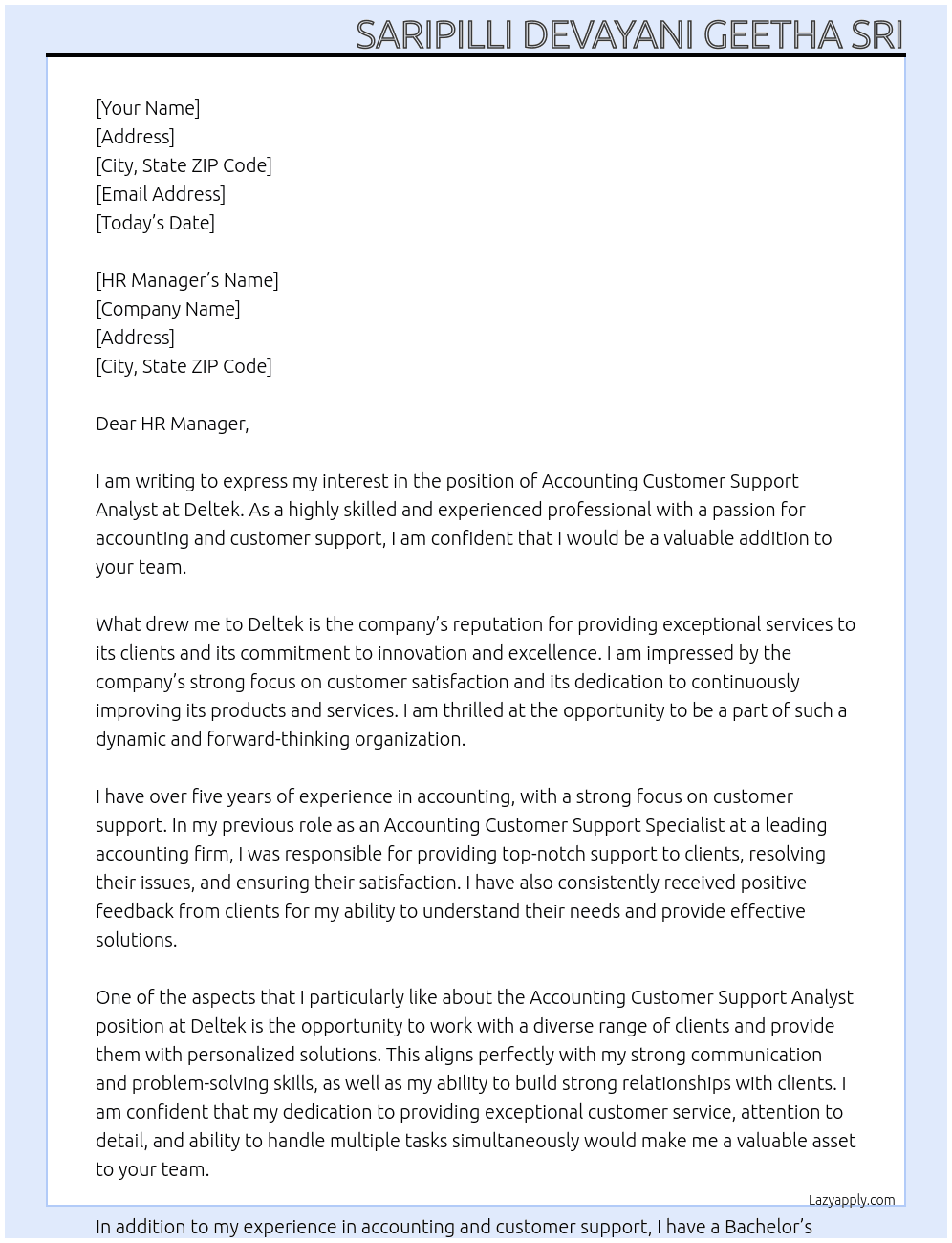 Accounting Customer Support Analyst At Deltek Cover Letter
