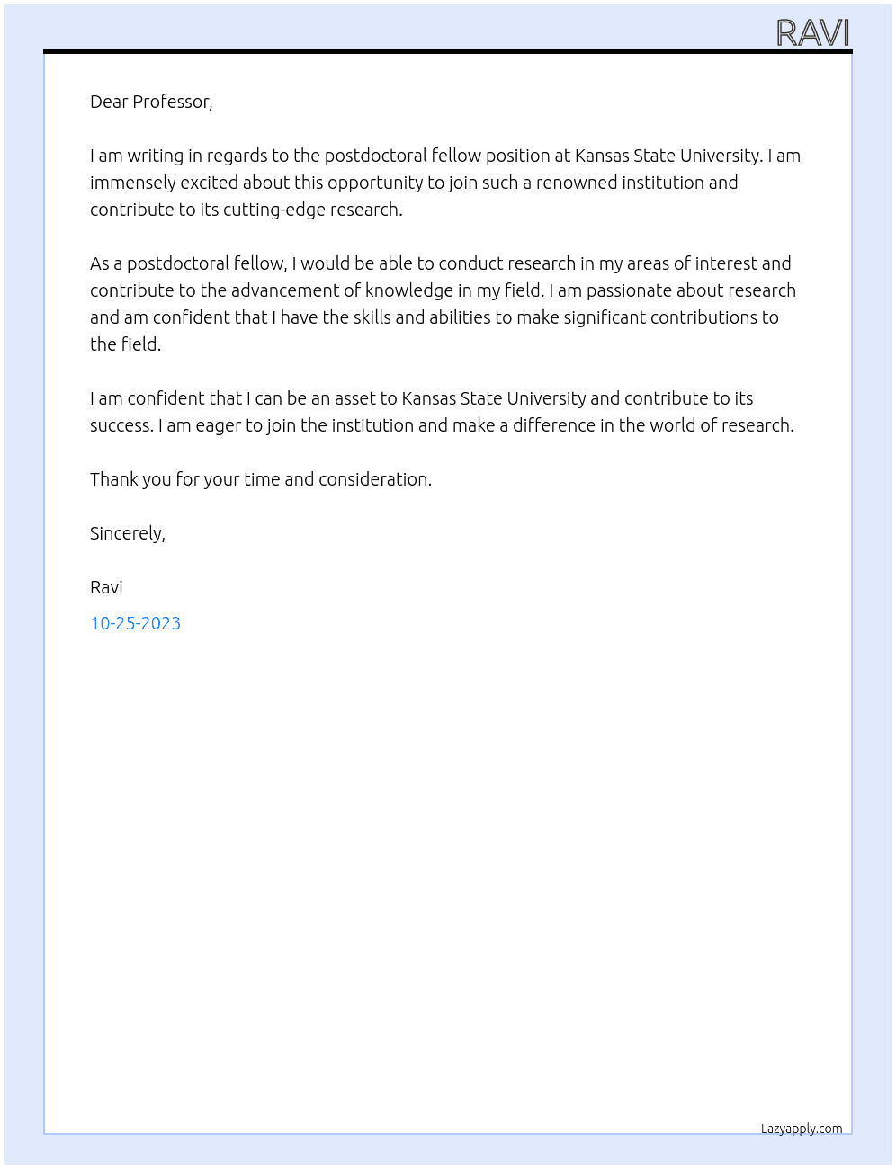 Post doctoral fellow At Kansas state University Cover Letter