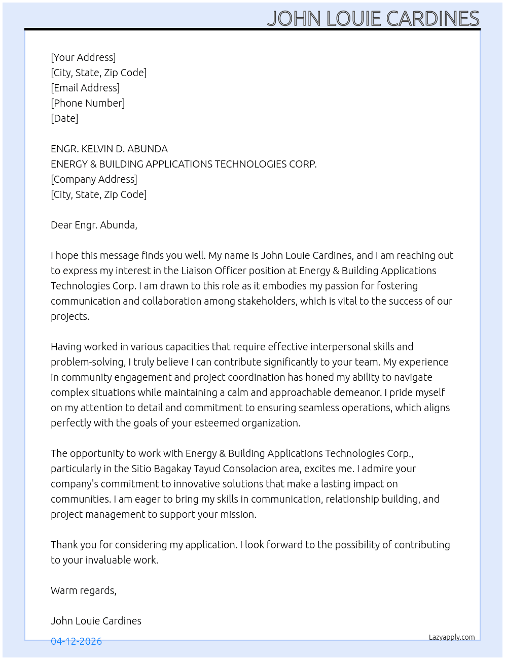 liaison officer At ENERGY & BUILDING APPLICATIONS TECHNOLOGIES CORP. Cover Letter