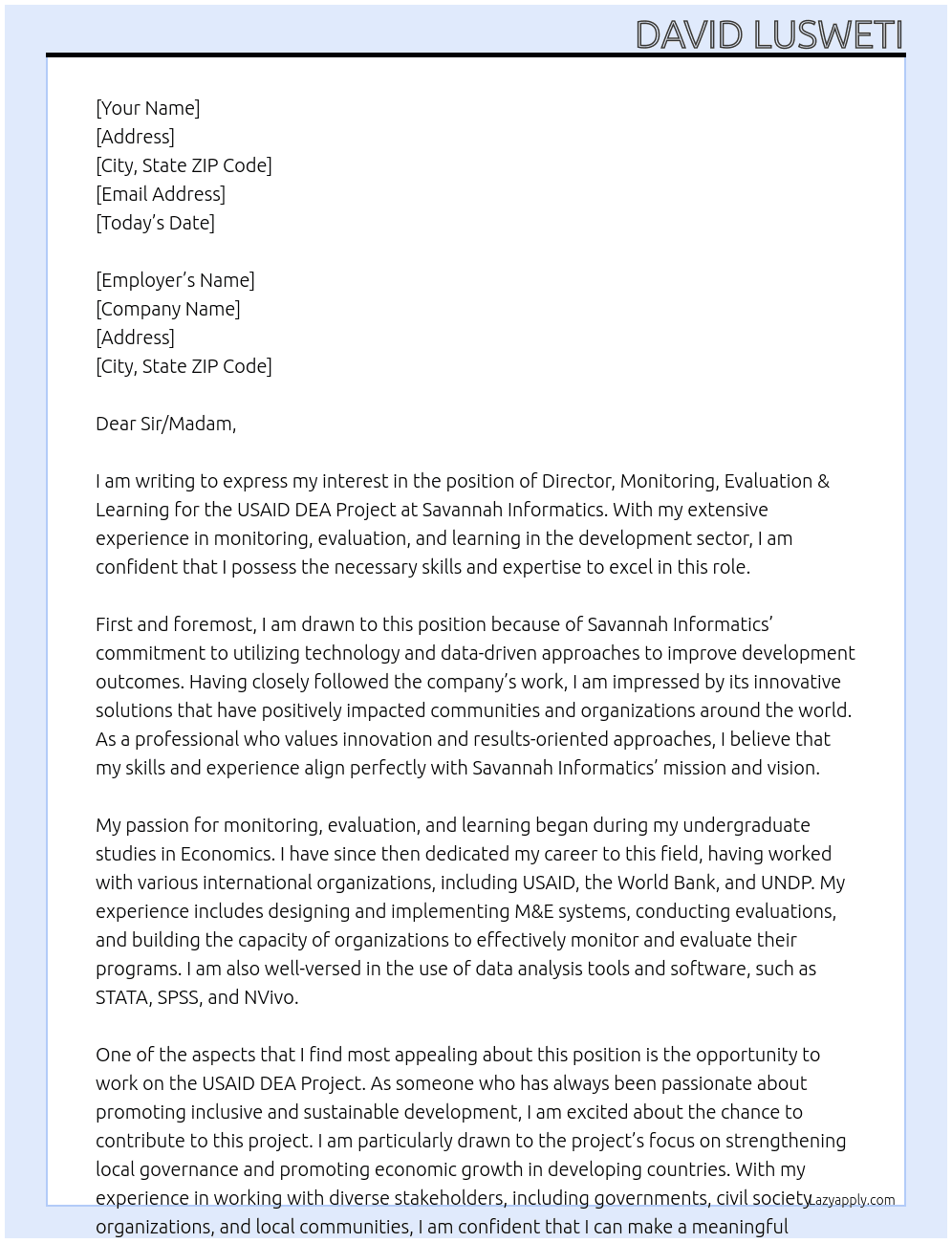 Director, Monitoring, Evaluation & Learning (USAID DEA Project) At Savannah Informatics Cover Letter