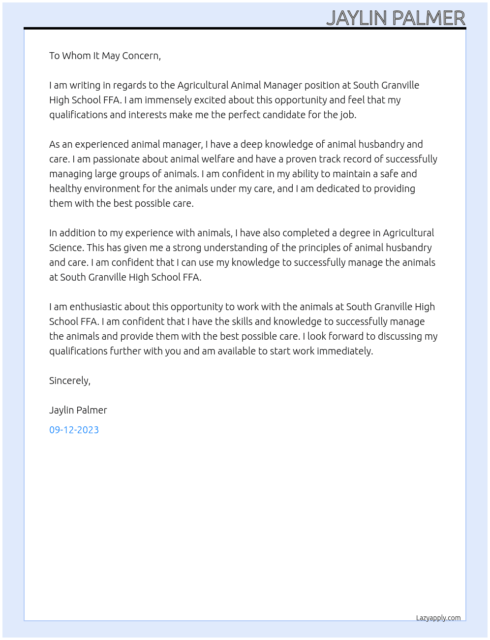 Agricultural Animal Manager At South Granville High School FFA  Cover Letter