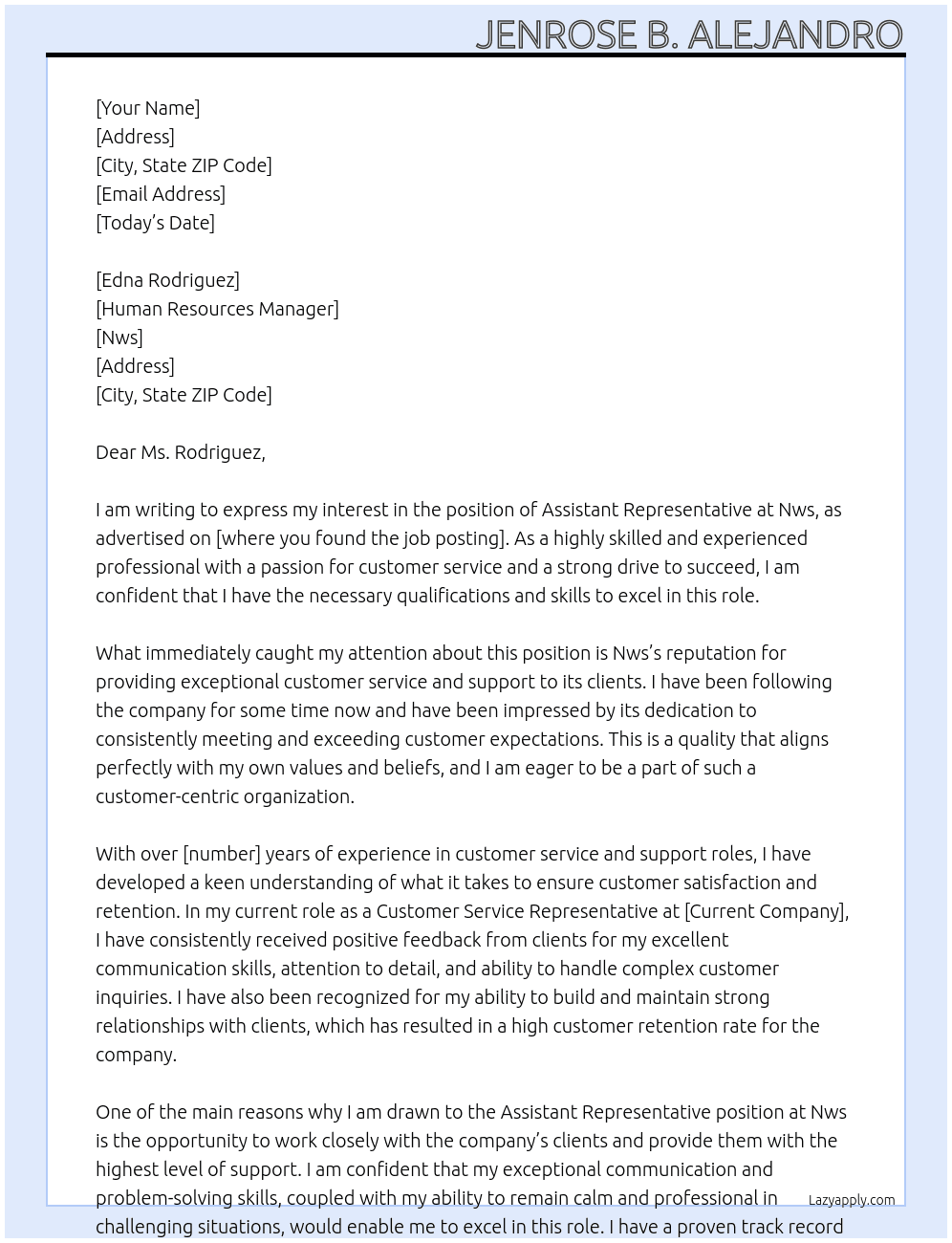 Assistant Representative At Nws Cover Letter
