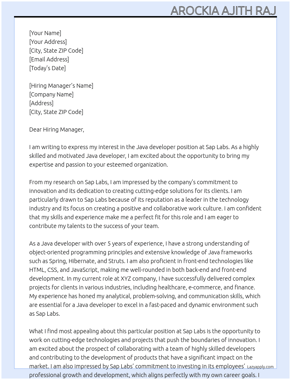 Java developer  At Sap Labs Cover Letter