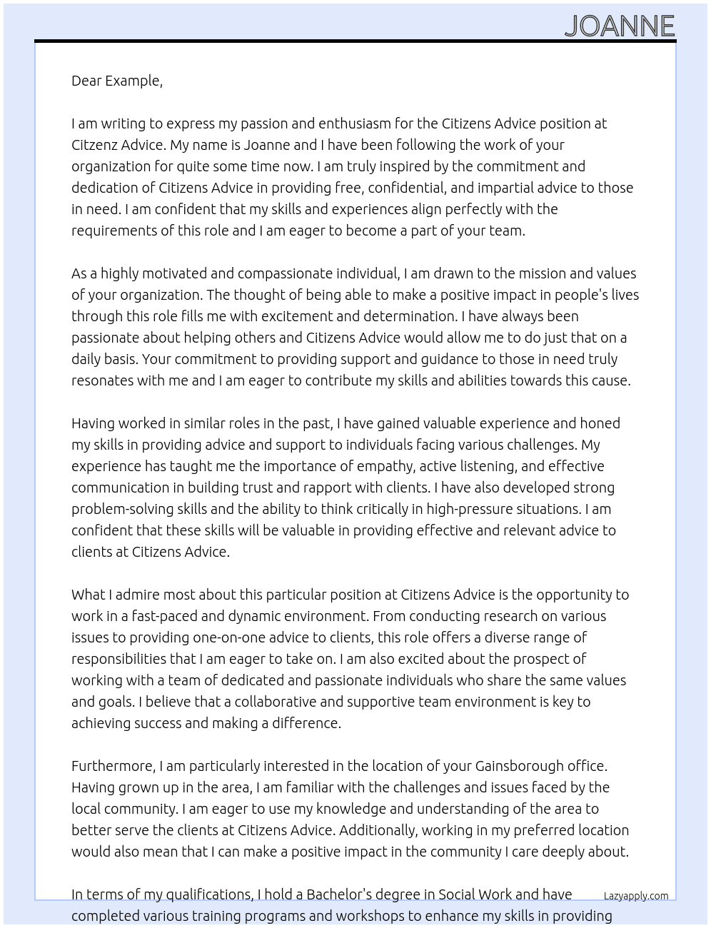 Citizens advice  At Citzenz adivce Cover Letter