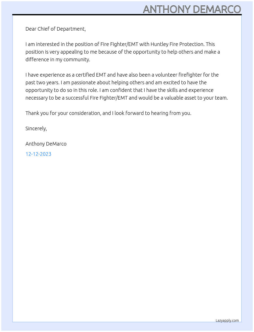 Fire Fighter/EMT At Huntley Fire Protection  Cover Letter