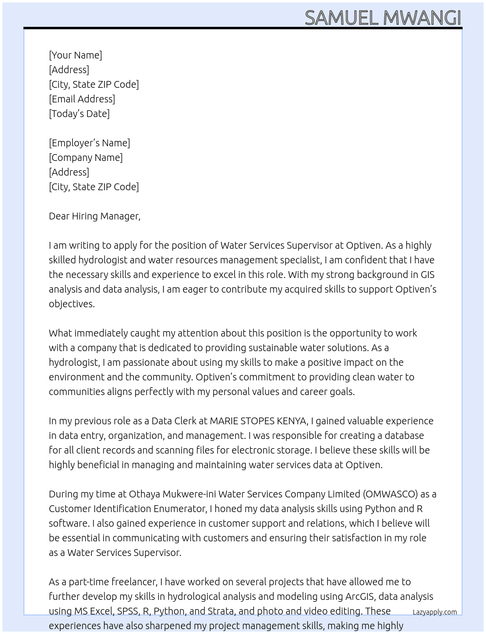  Water Services Supervisor At Optiven Cover Letter