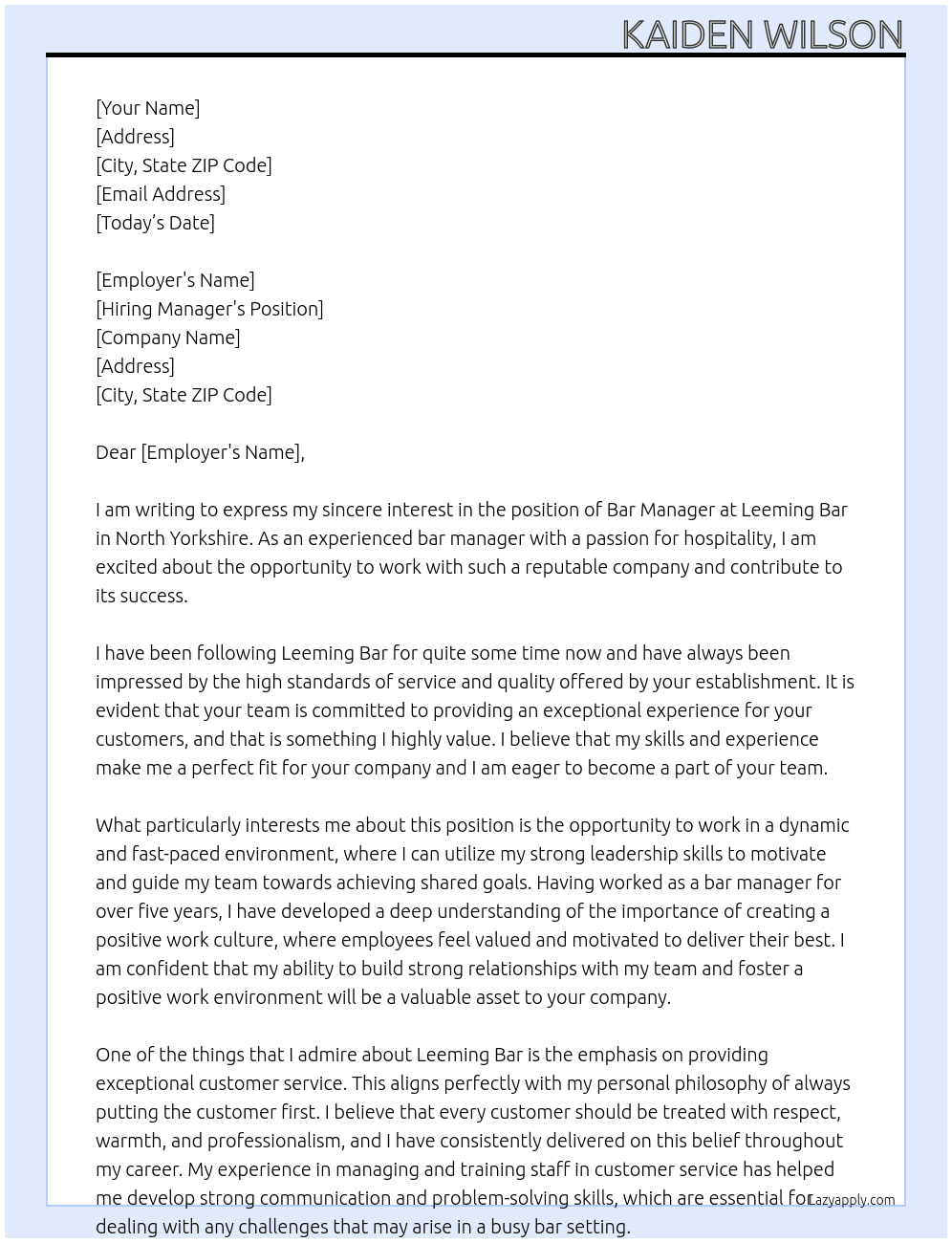 bar manger At Leeming Bar, North Yorkshire Cover Letter