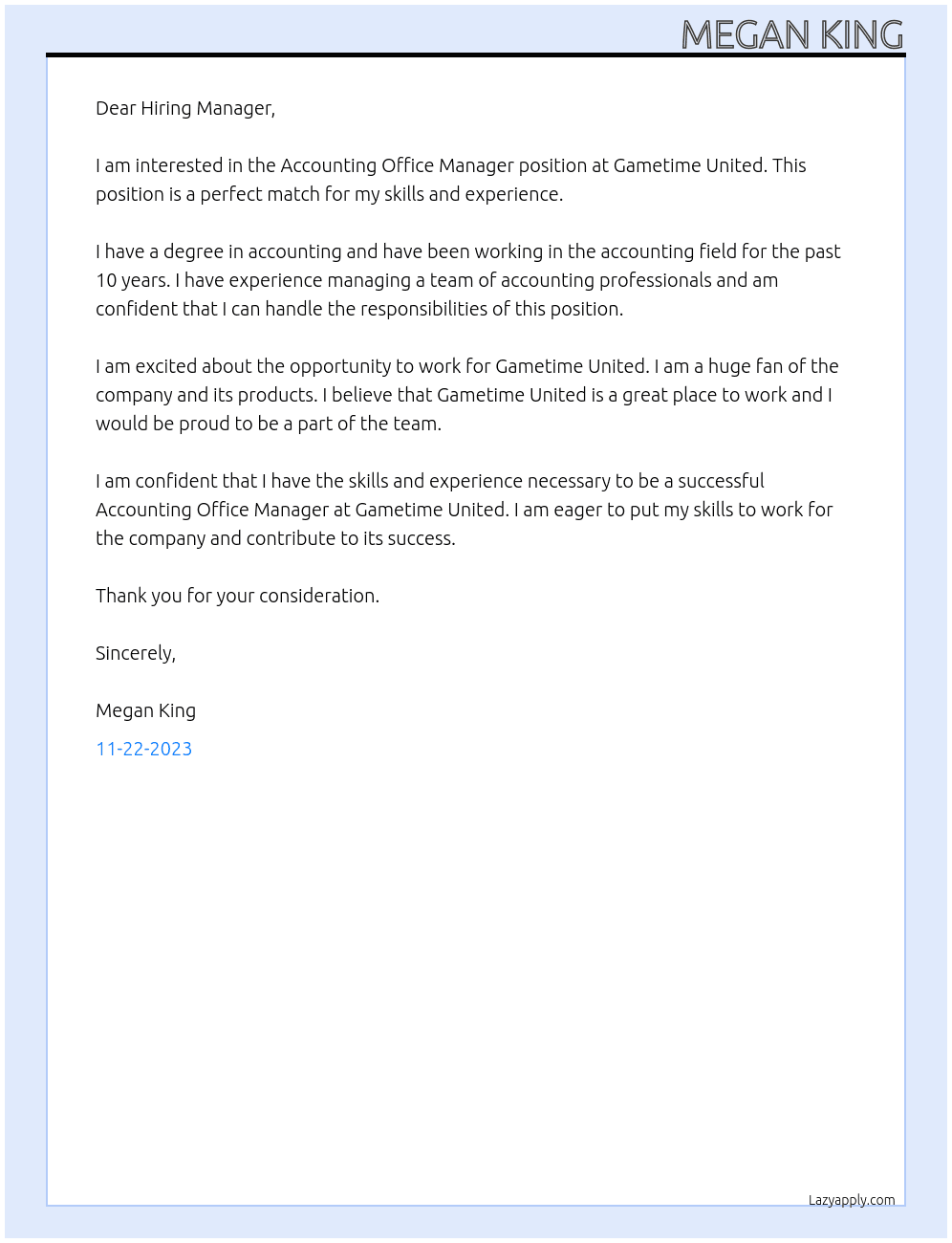Accounting Office Manager At Gametime United Cover Letter