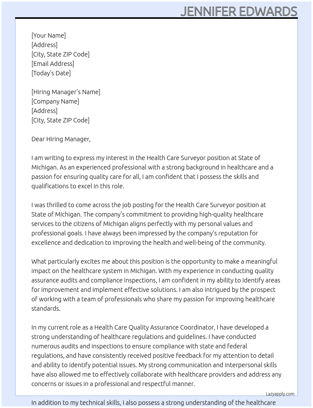Health care Surveyor At State of Michigan  Cover Letter