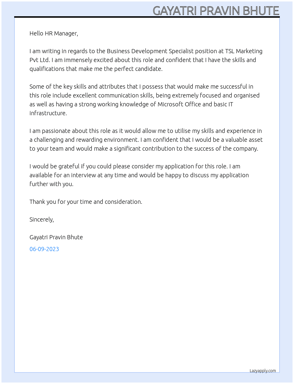 Business development specialist  At TSL marketing pvt Ltd  Cover Letter
