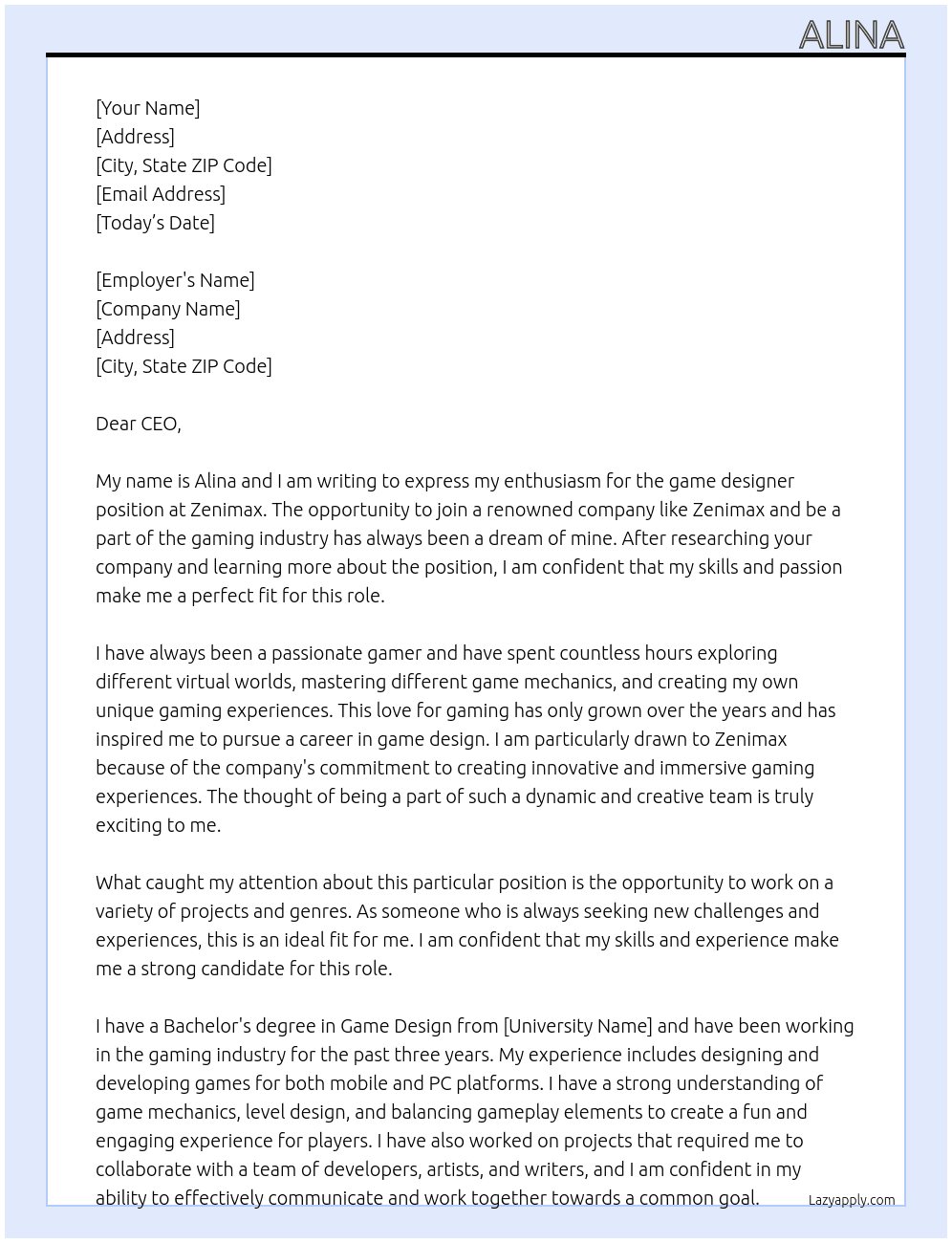 game designer At Zenimax Cover Letter