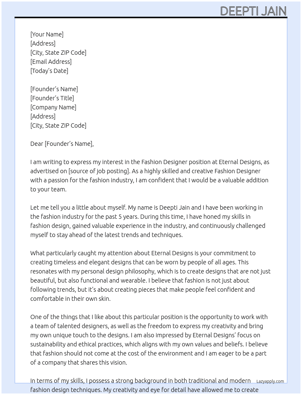 Fashion Designer  At Eternal Designs Cover Letter
