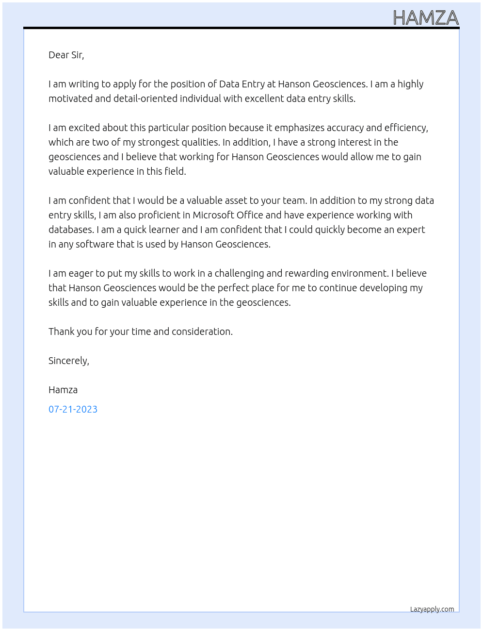Data entry At hanson geosciences Cover Letter