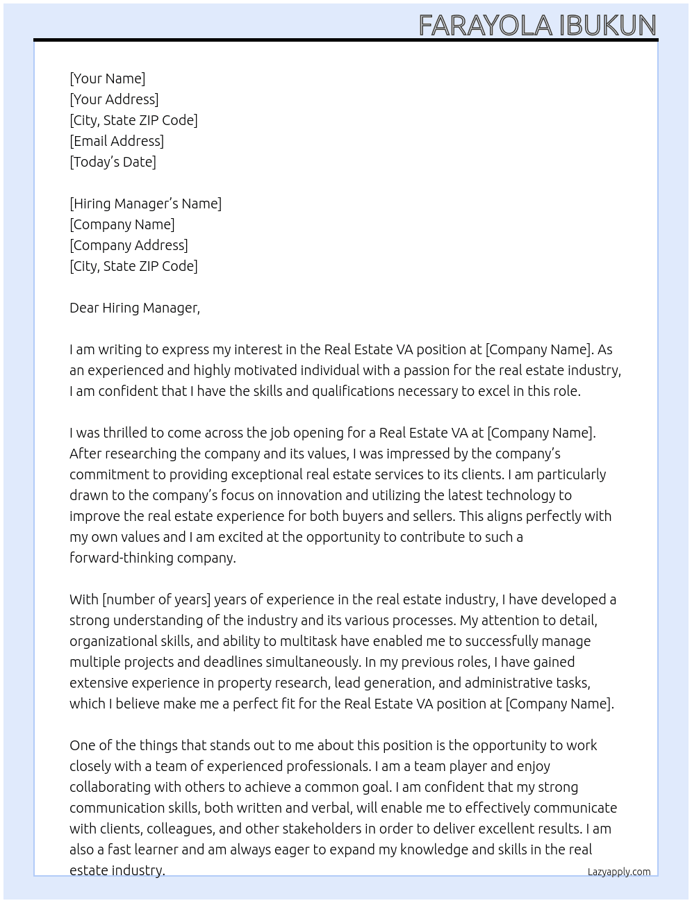 Cover letter for real estate va - LazyApply