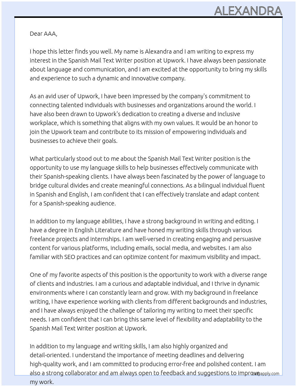Cover letter for spanish mail text writer - LazyApply