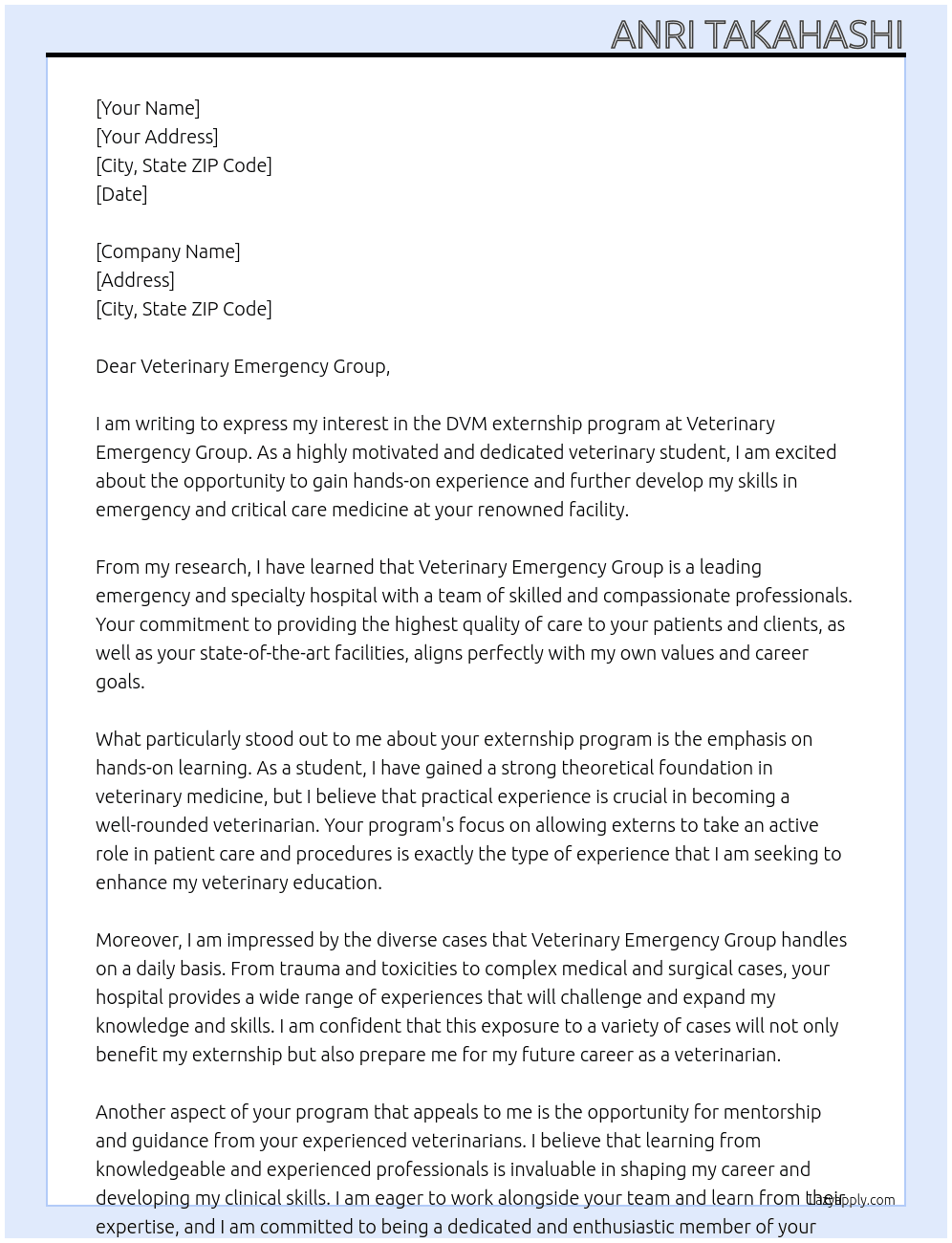 DVM externship program At Veterinary Emergency Group Cover Letter