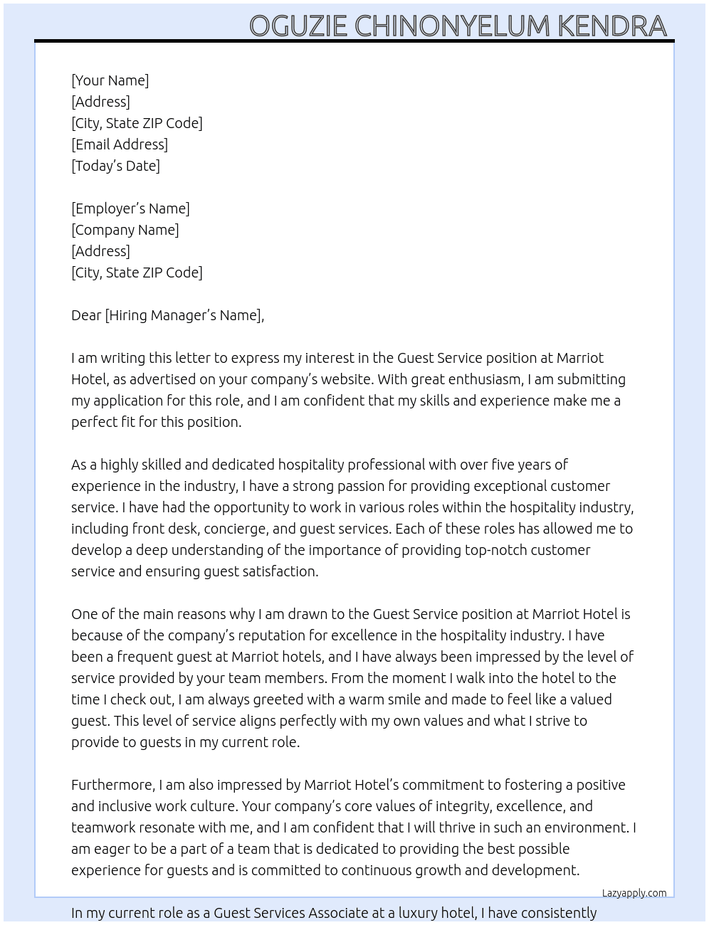 Guest service  At Marriot Hotel Cover Letter