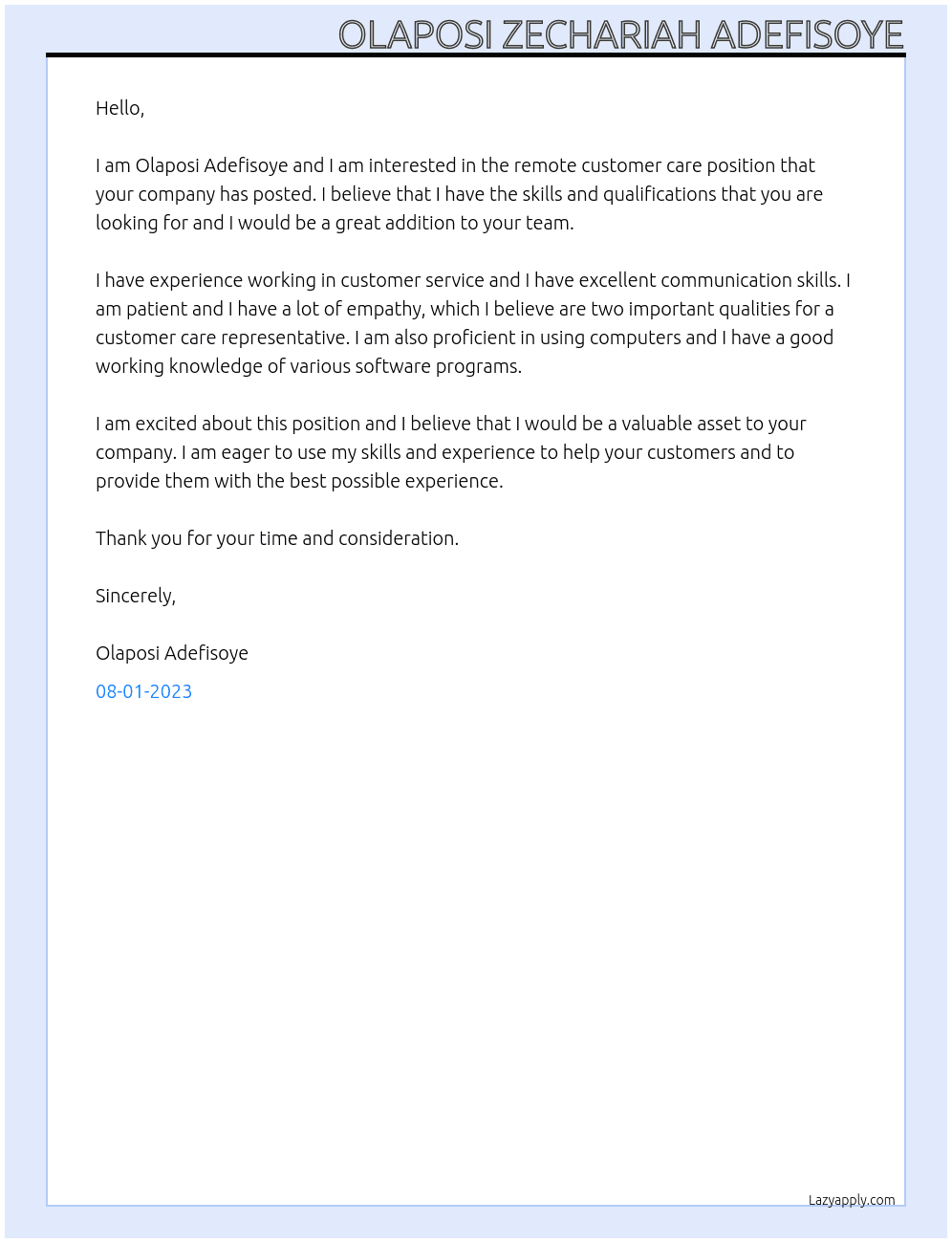Remote Customer Care At Adefisoye Cover Letter