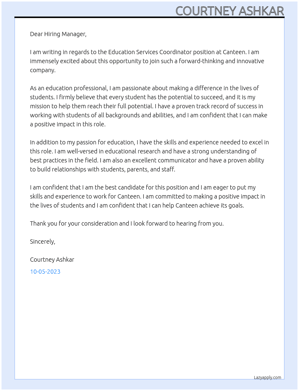 Education Services Coordinator At Canteen Cover Letter