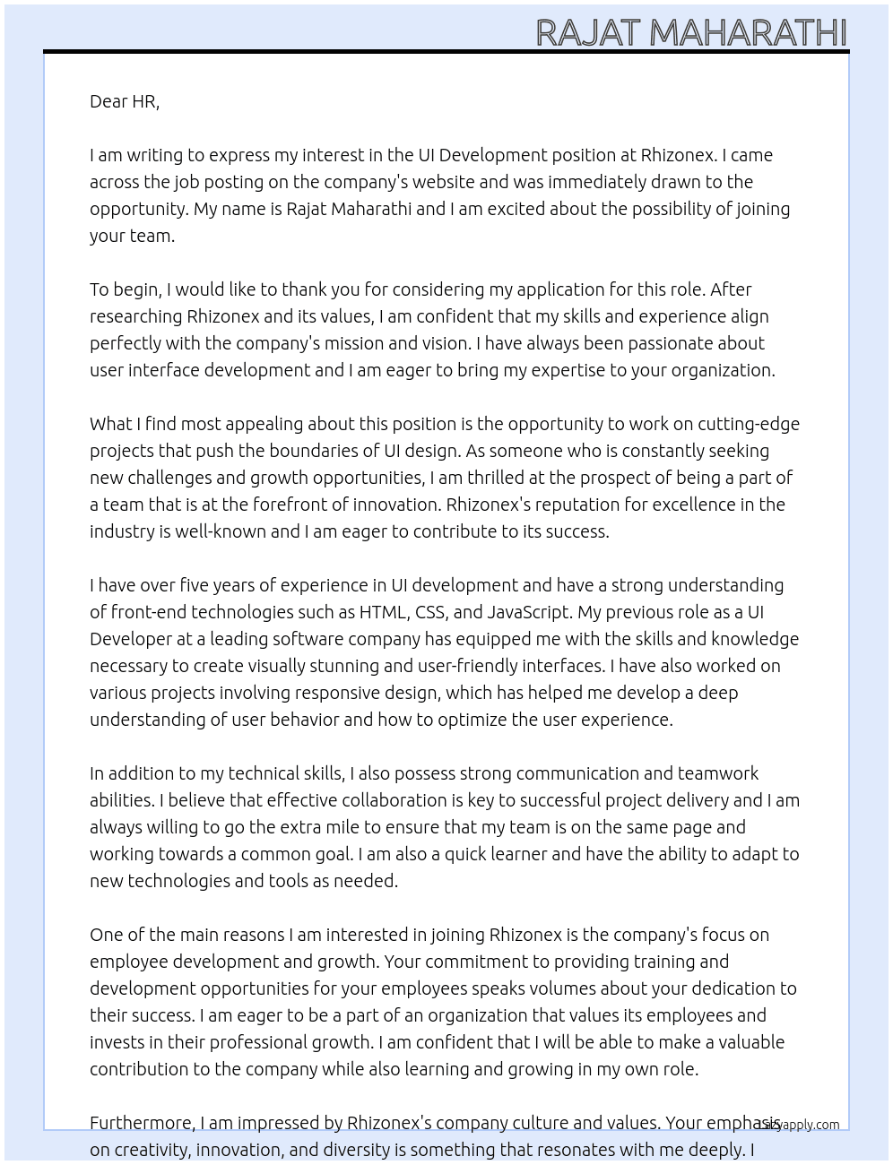 UI development At Rhizonex Cover Letter