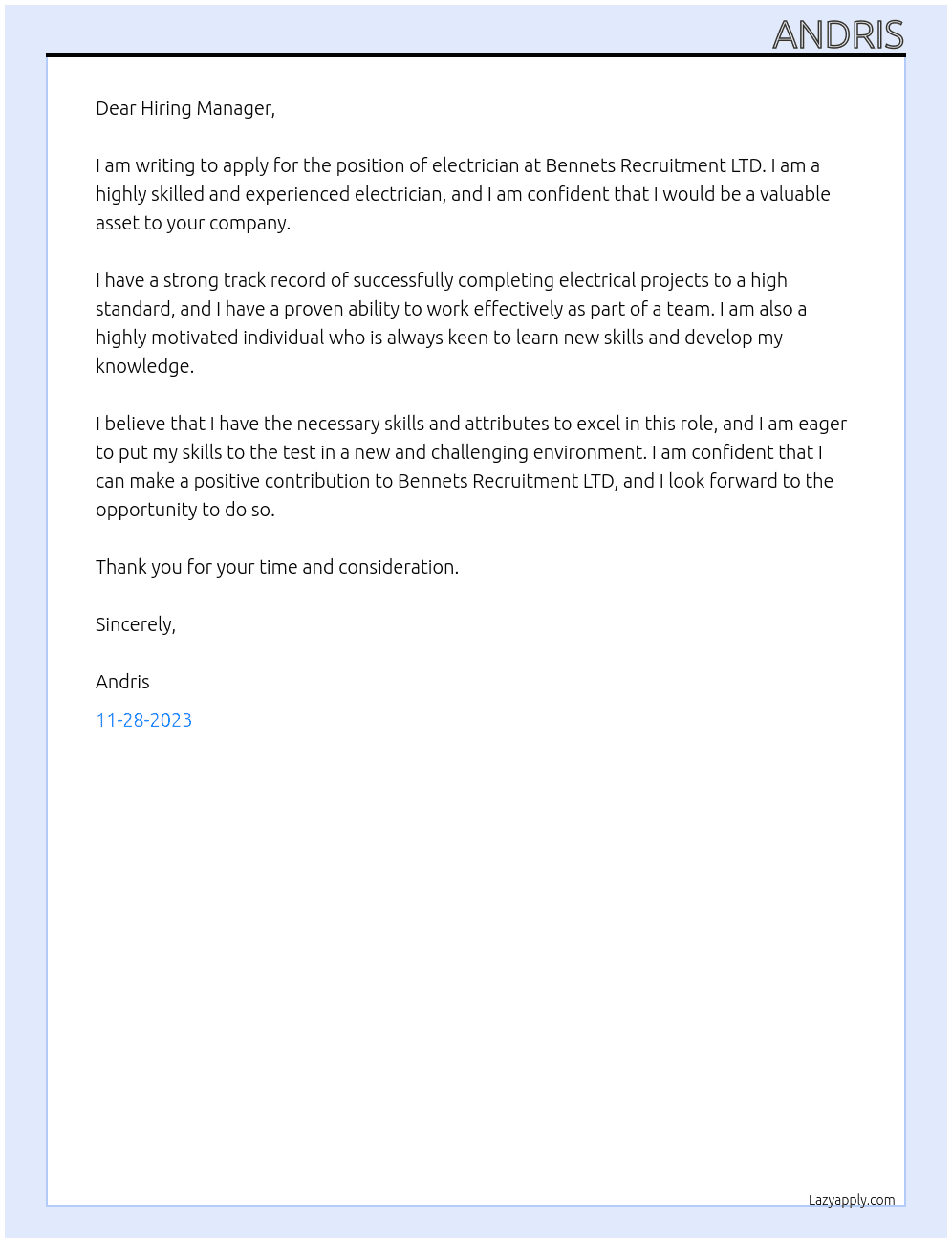 Electrician At Bennets Recruitment LTD Cover Letter