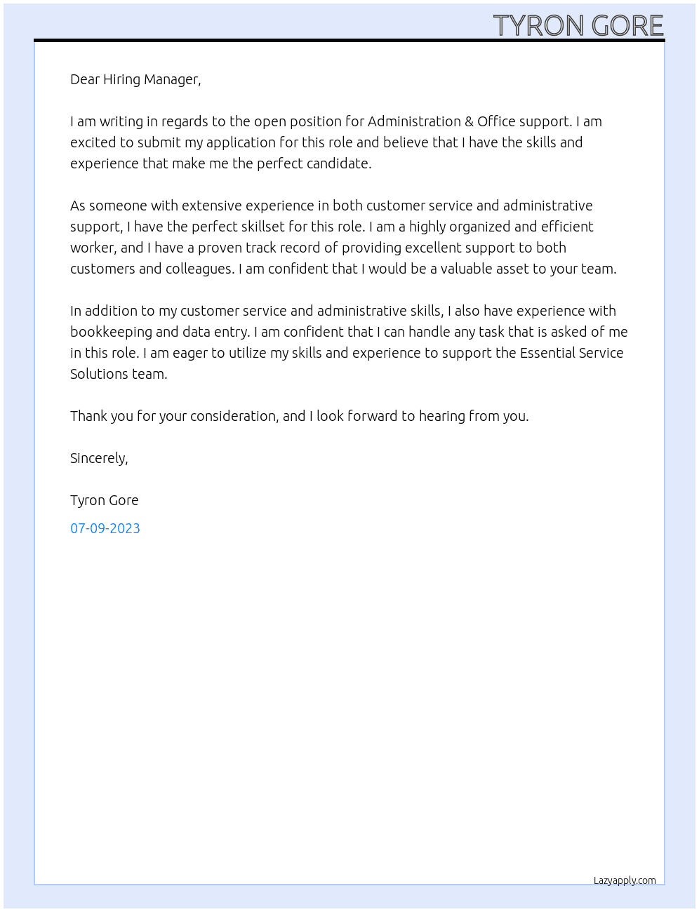 Administration & Office support At Essential Service Solutions Cover Letter