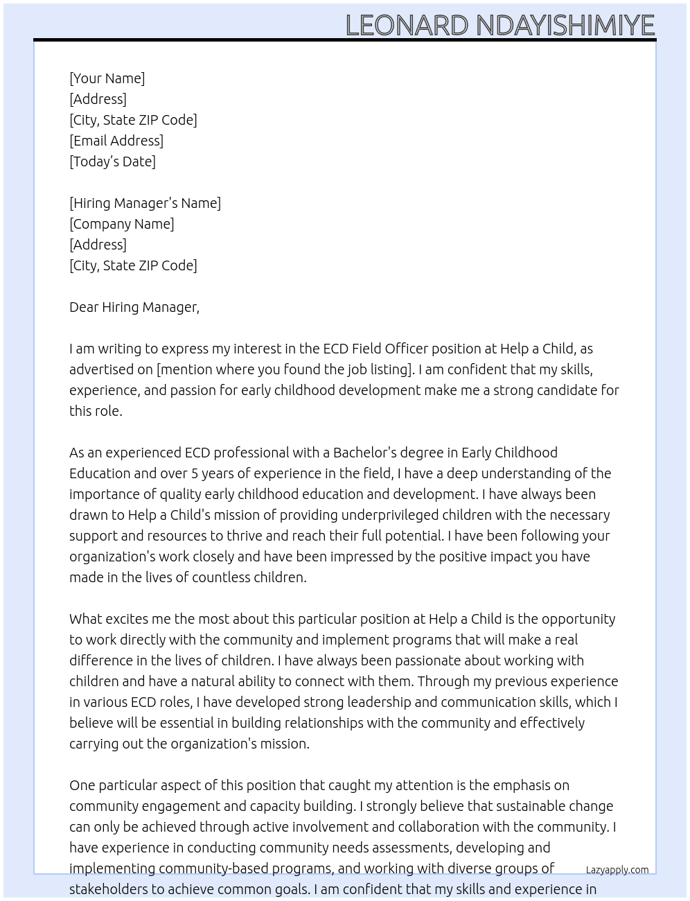 ECD Field Officer At Help a Child  Cover Letter