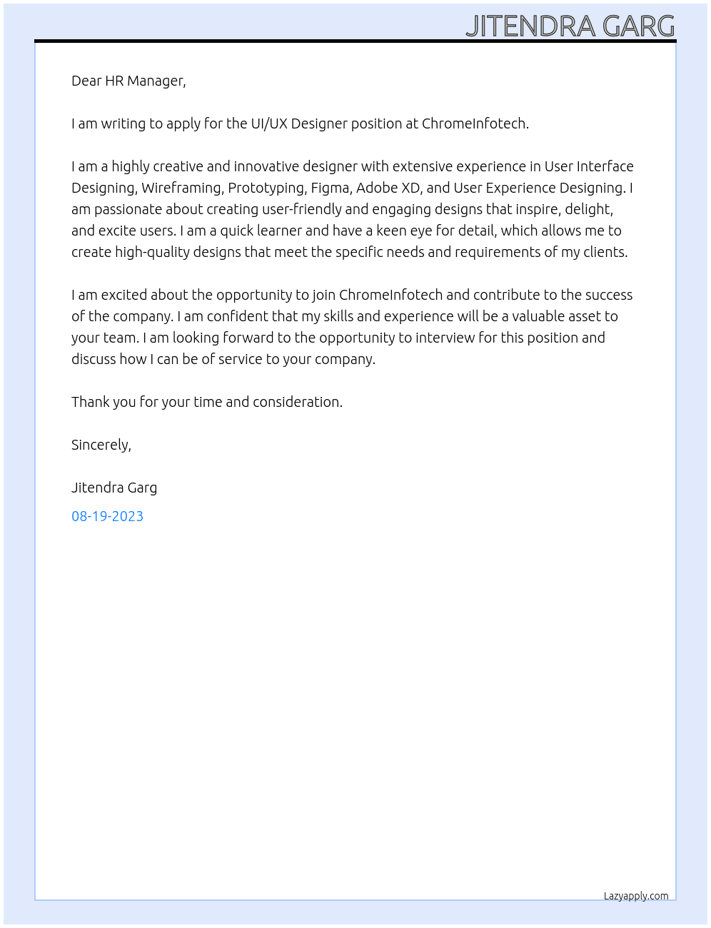 UI/UX Designer At ChromeInfotech Cover Letter