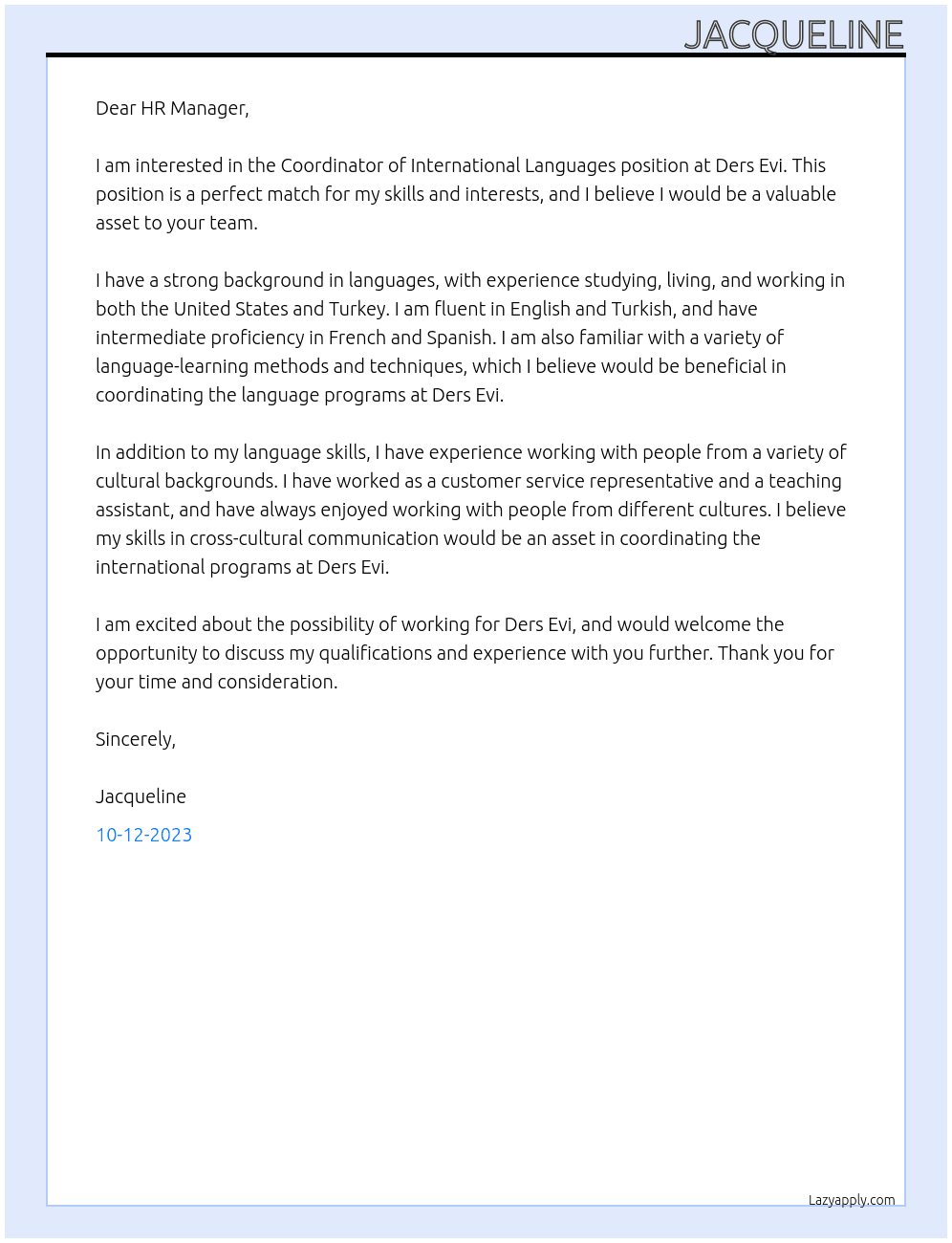  “Coordinator of International Languages” At Ders Evi Cover Letter