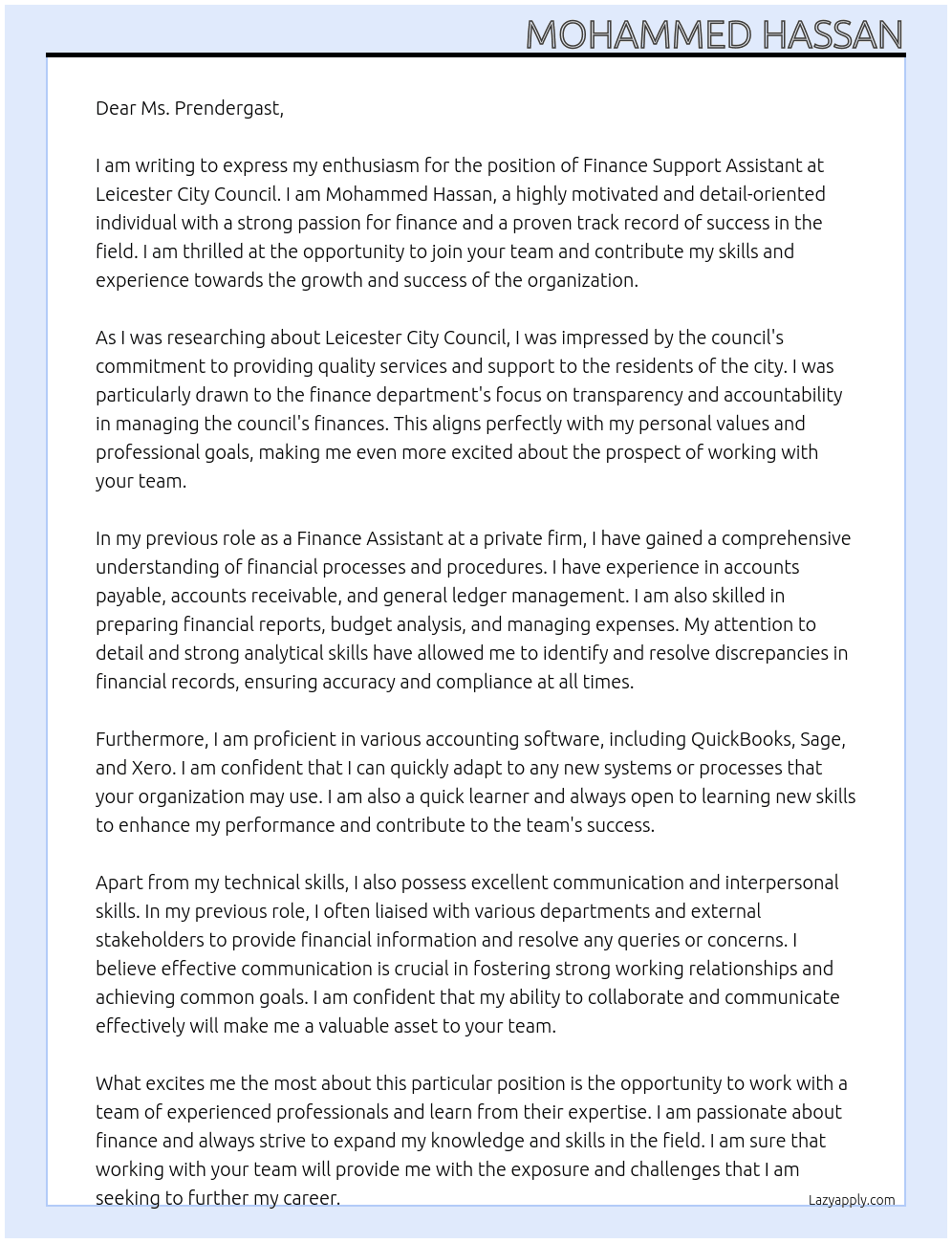 finance support assistant At Leicester city council Cover Letter