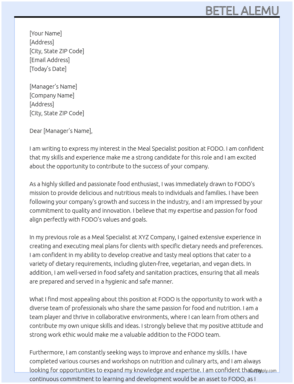 Meal specialist  At FODO Cover Letter