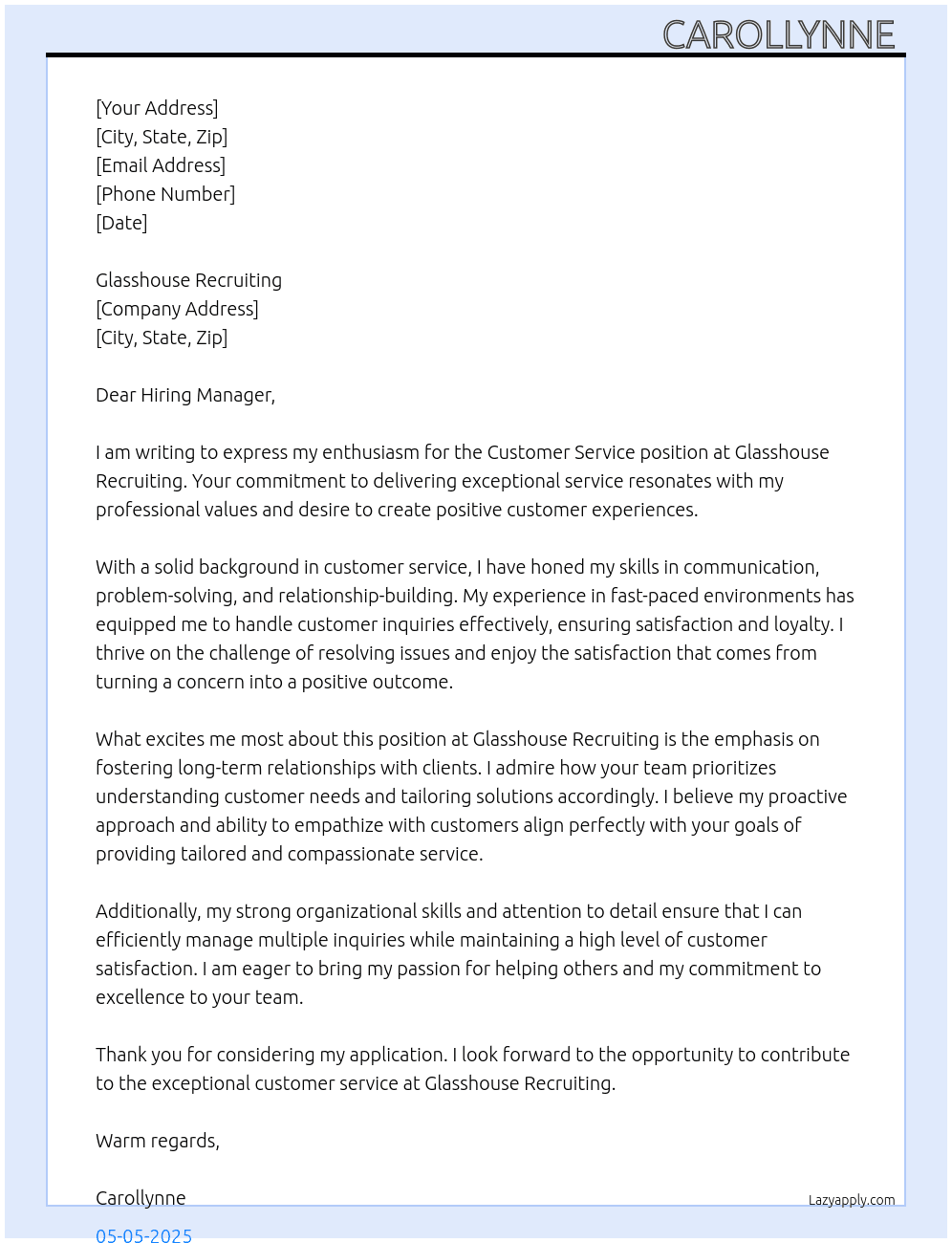 Customer service  At Glasshouse Recruiting Cover Letter