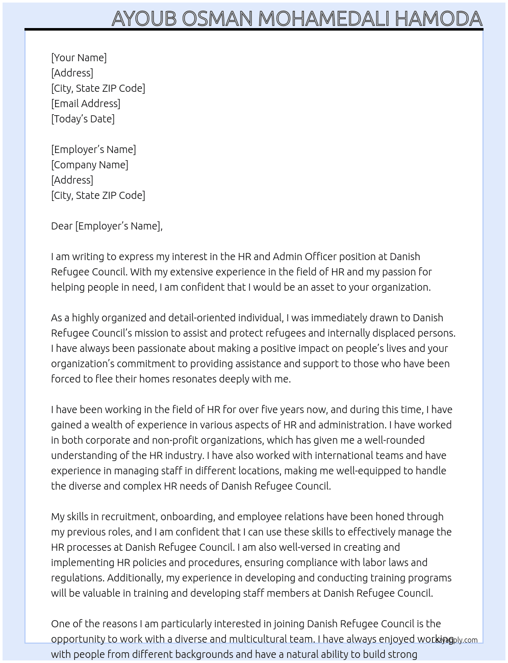 HR and admin officer At Danish refugee council Cover Letter