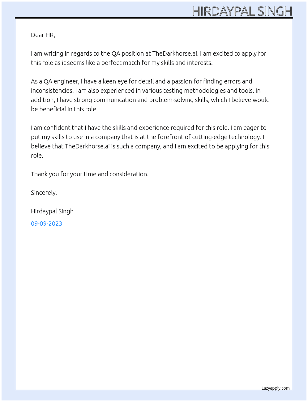 QA At TheDarkhorse.ai Cover Letter