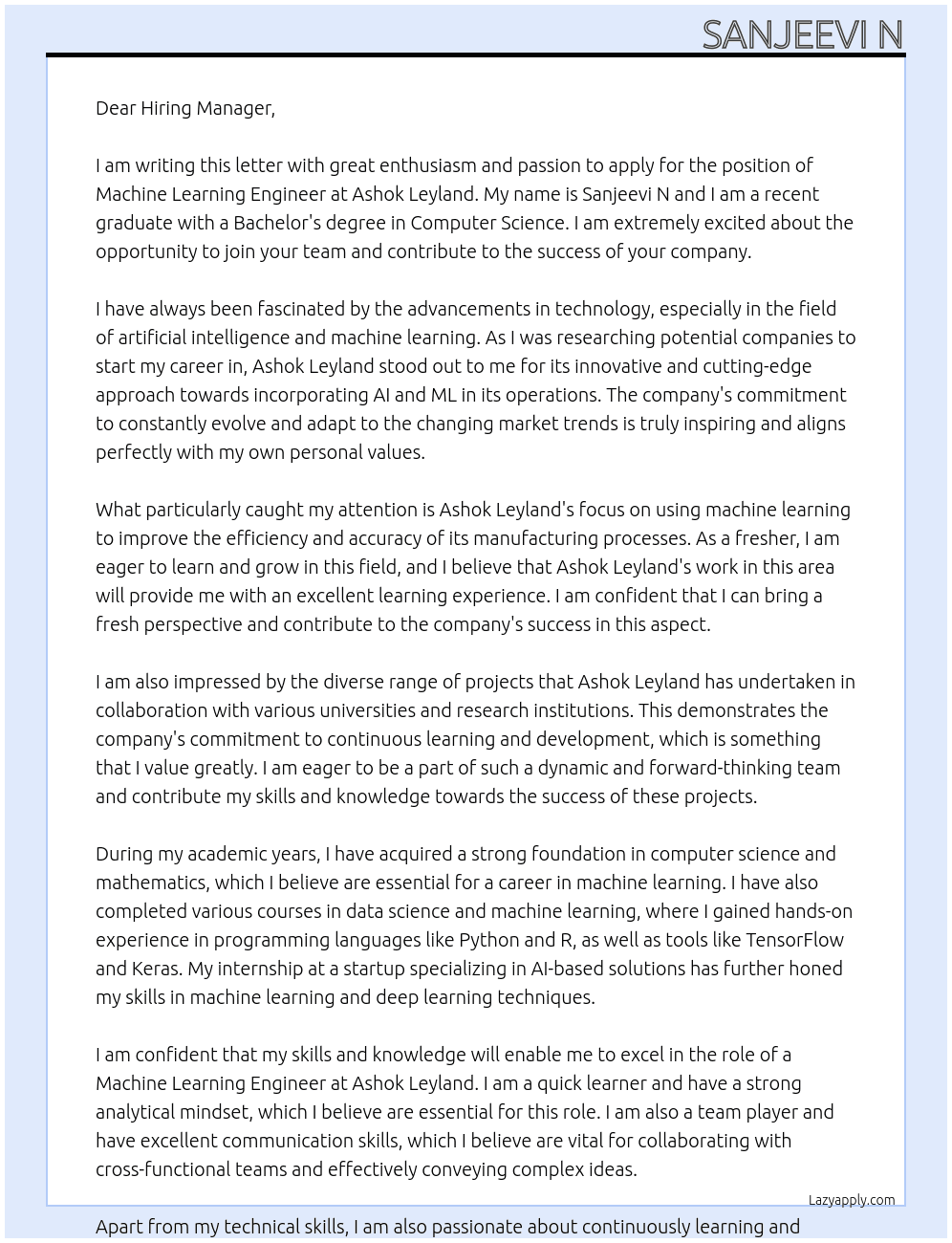 Machine learning engineer as a fresher At Ashok leyland  Cover Letter