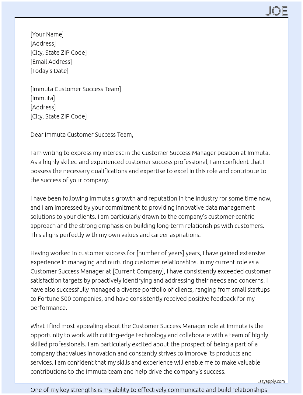 Customer Success Manager At Immuta Cover Letter