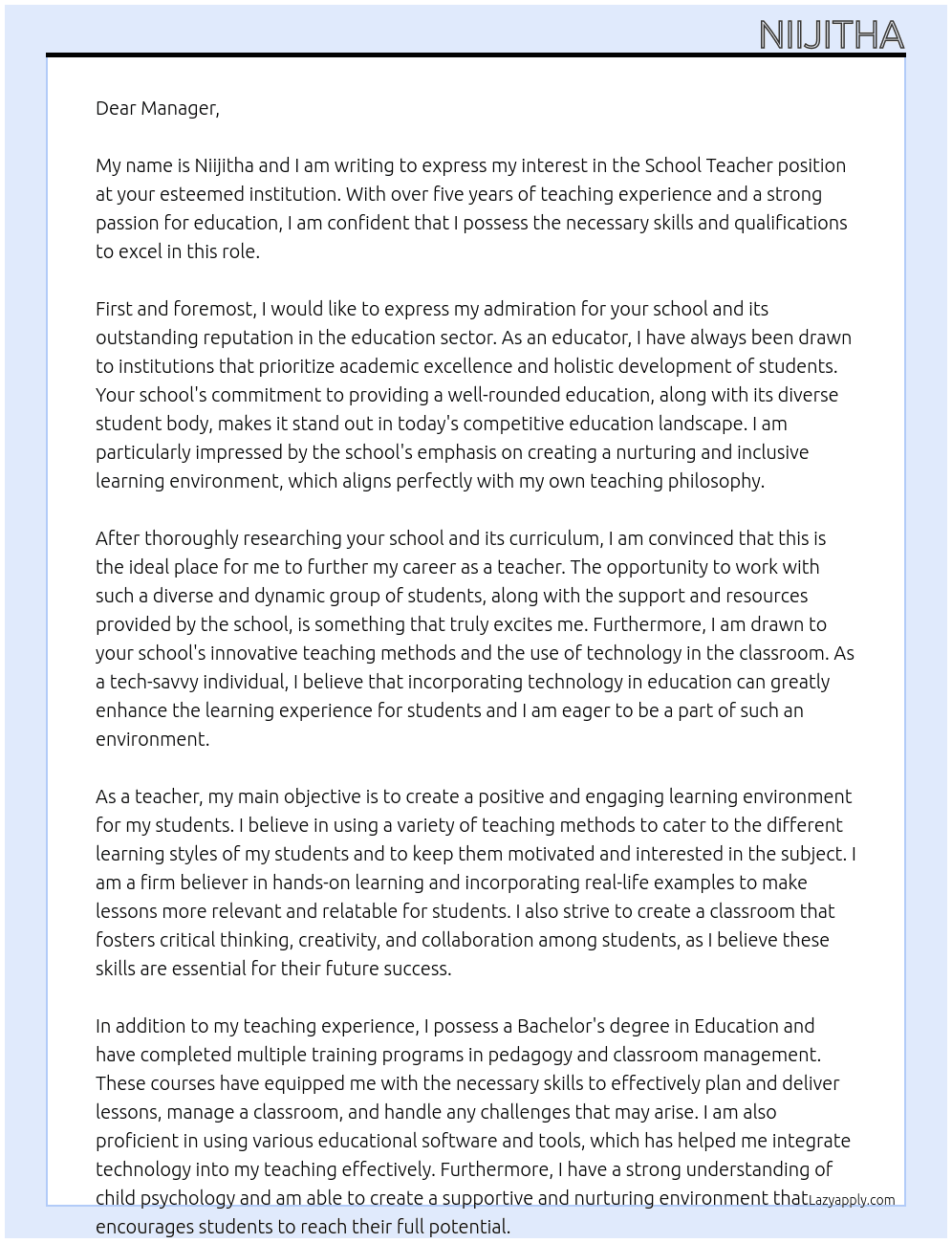 school teacher At school Cover Letter
