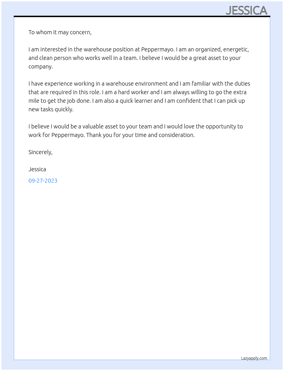Warehouse  At Peppermayo Cover Letter