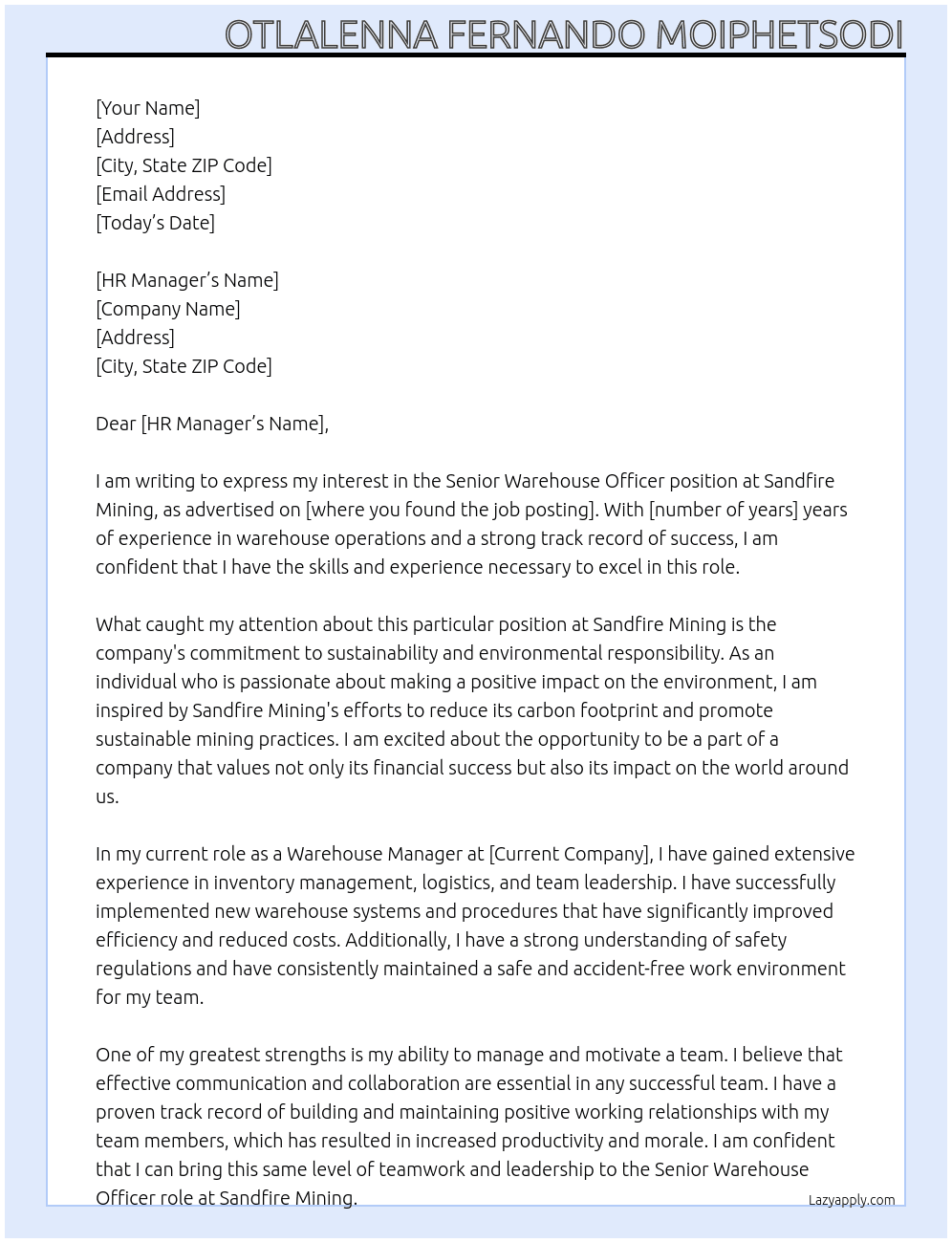 Senior Warehouse Officer At Sandfire Mining Cover Letter