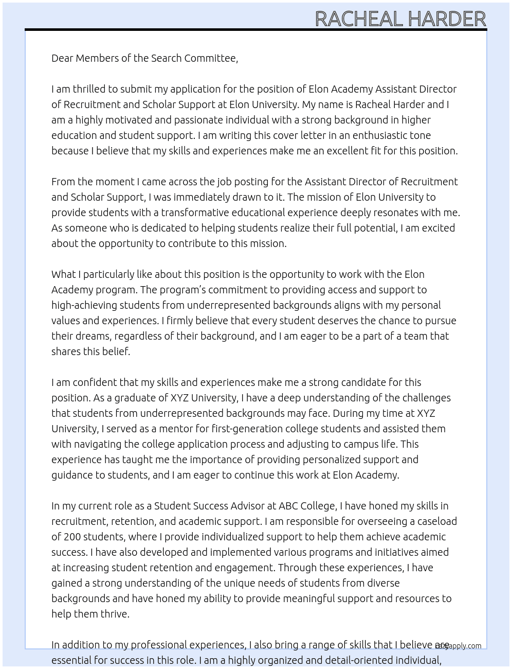 Elon Academy Assistant Director of Recruitment and Scholar Support At Elon University Cover Letter