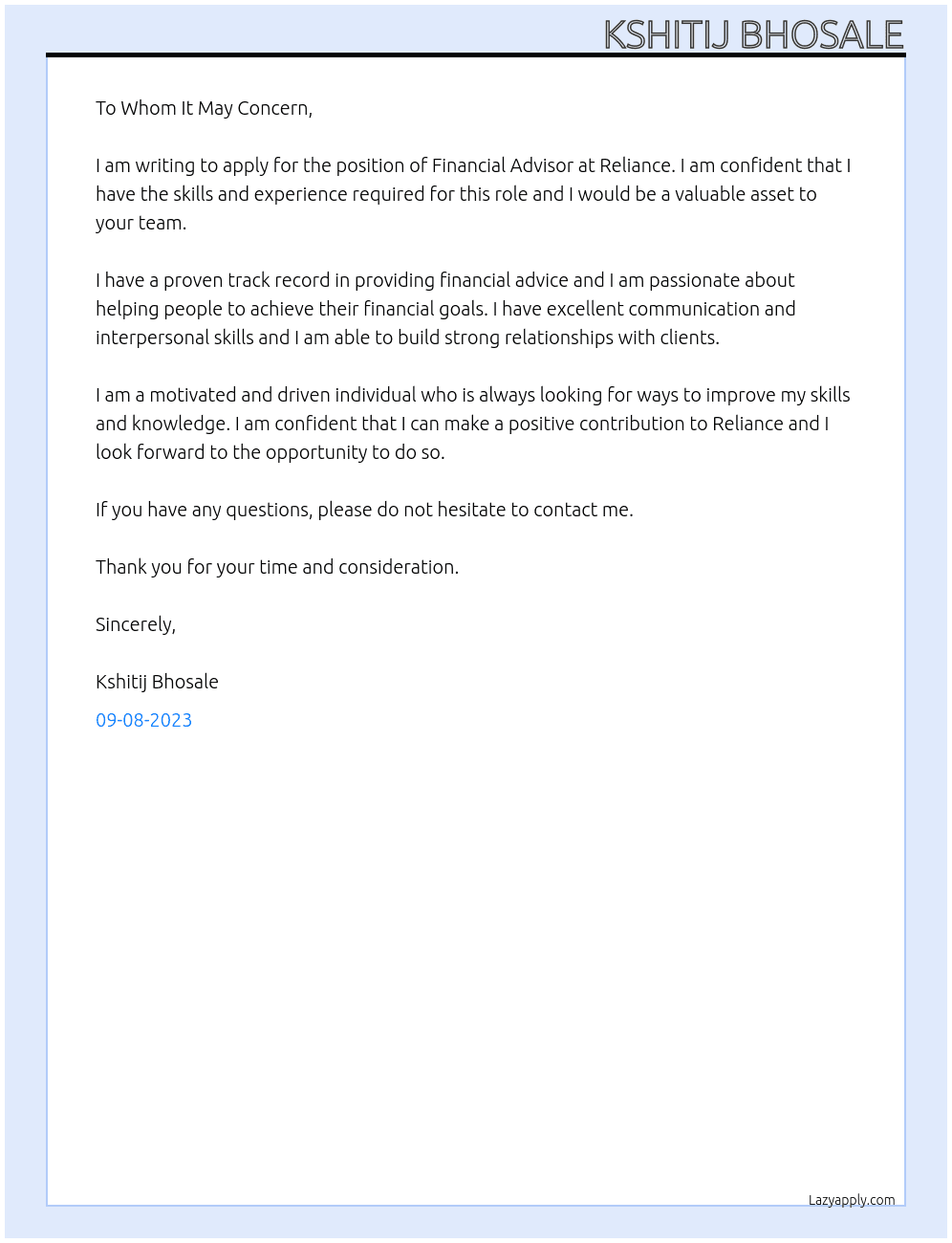 Financial Advisor  At Reliance  Cover Letter