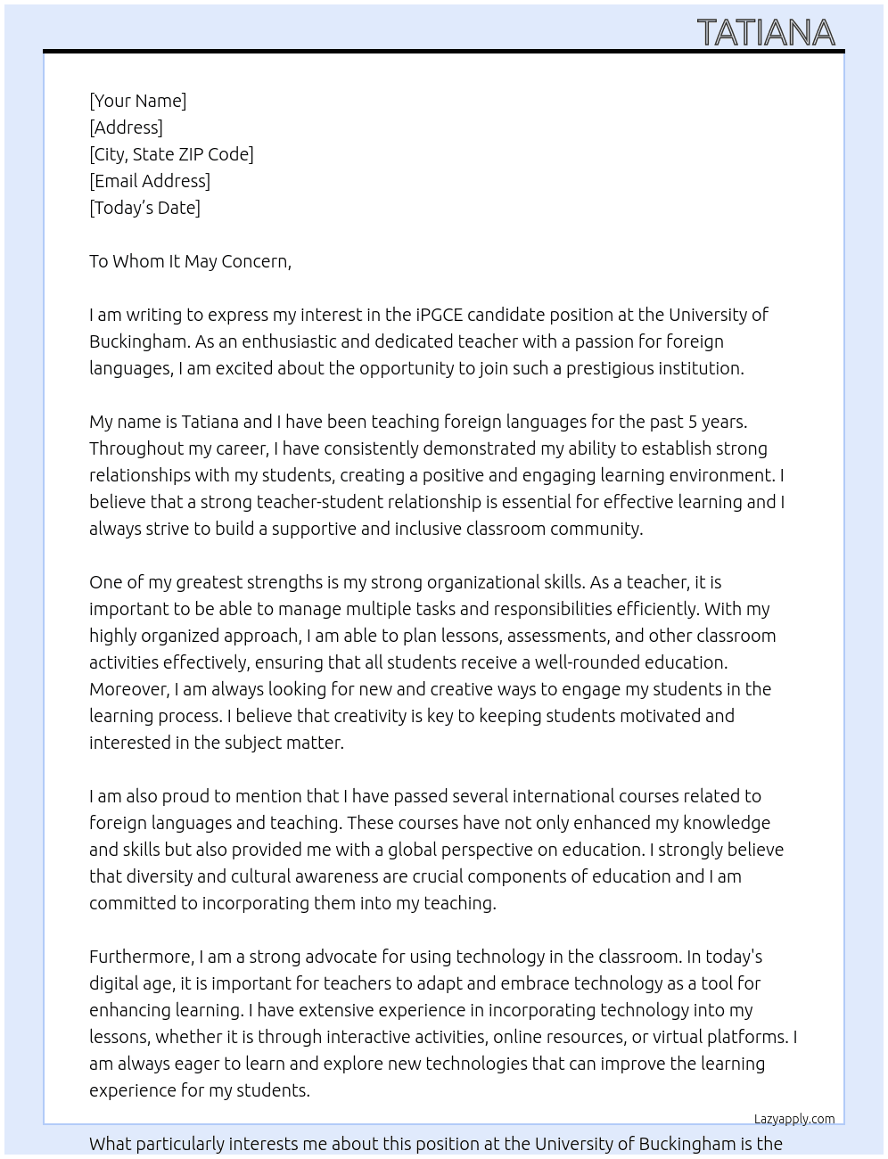 iPGCE candidate At University of Buckingham Cover Letter