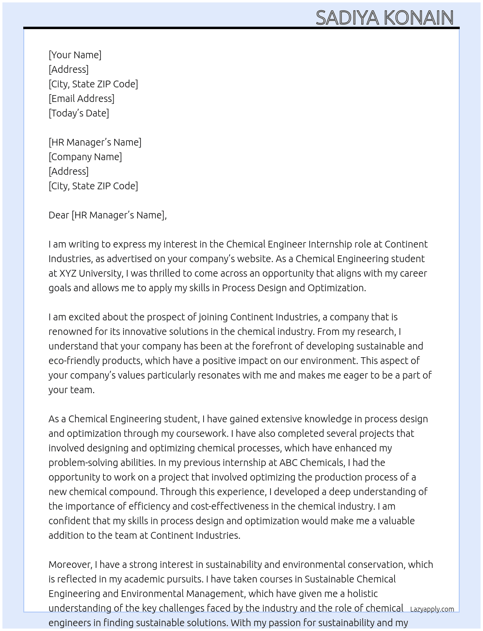 Chemical engineer  At Continent Industries  Cover Letter